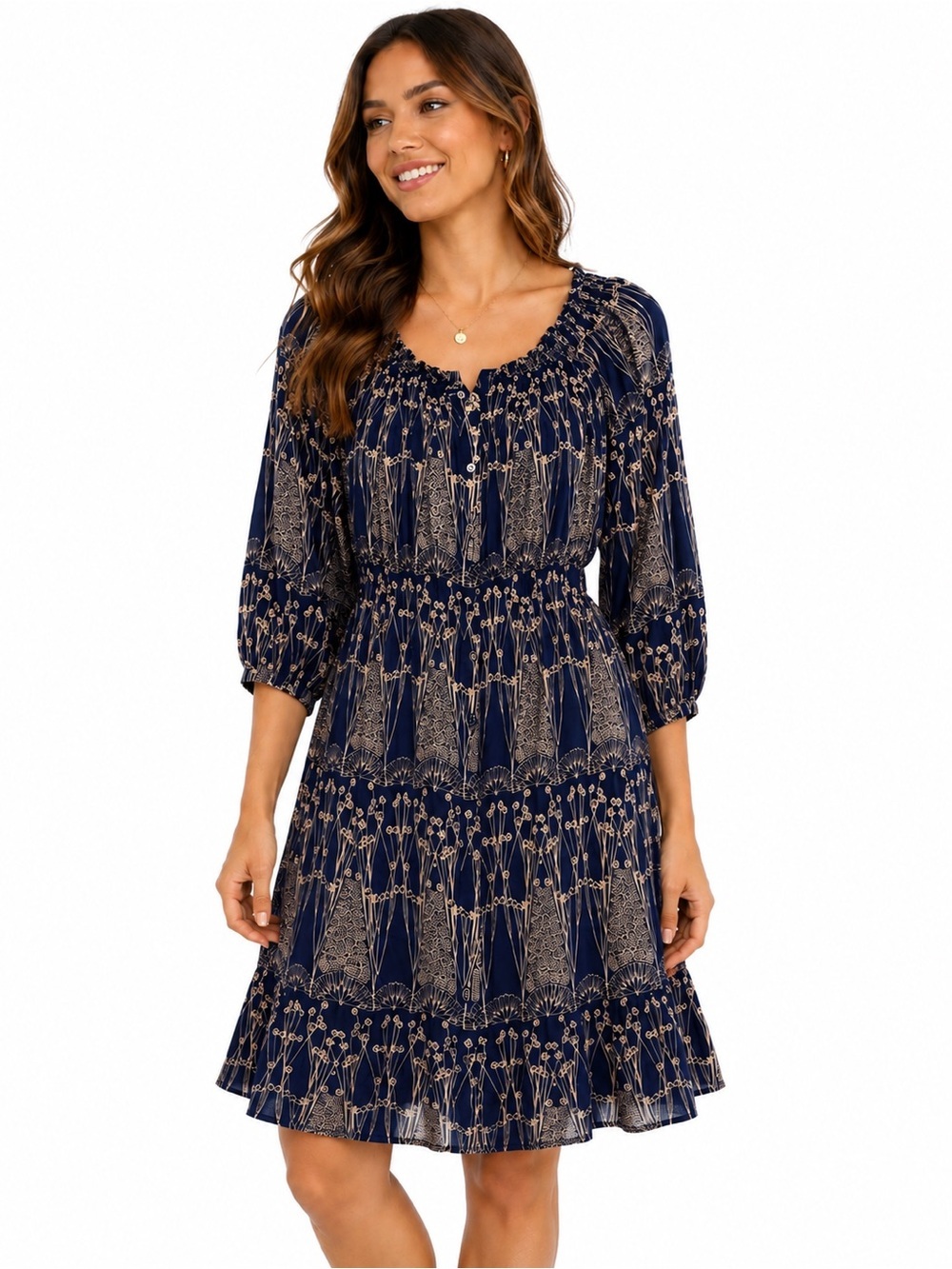 Banana Republic Petite 2P Navy Floral Rayon Peasant Dress Boho Button 3/4 Sleeve